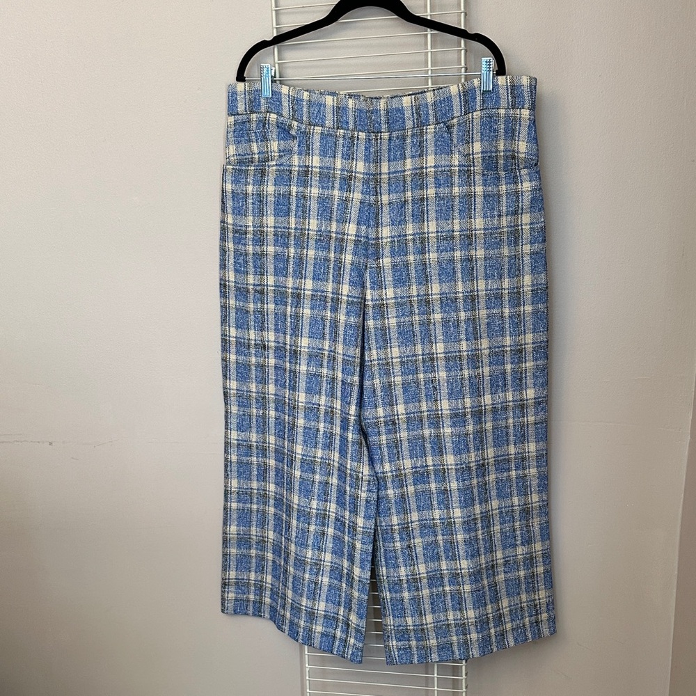 Zara Blue and White Plaid Wide-Leg Pants